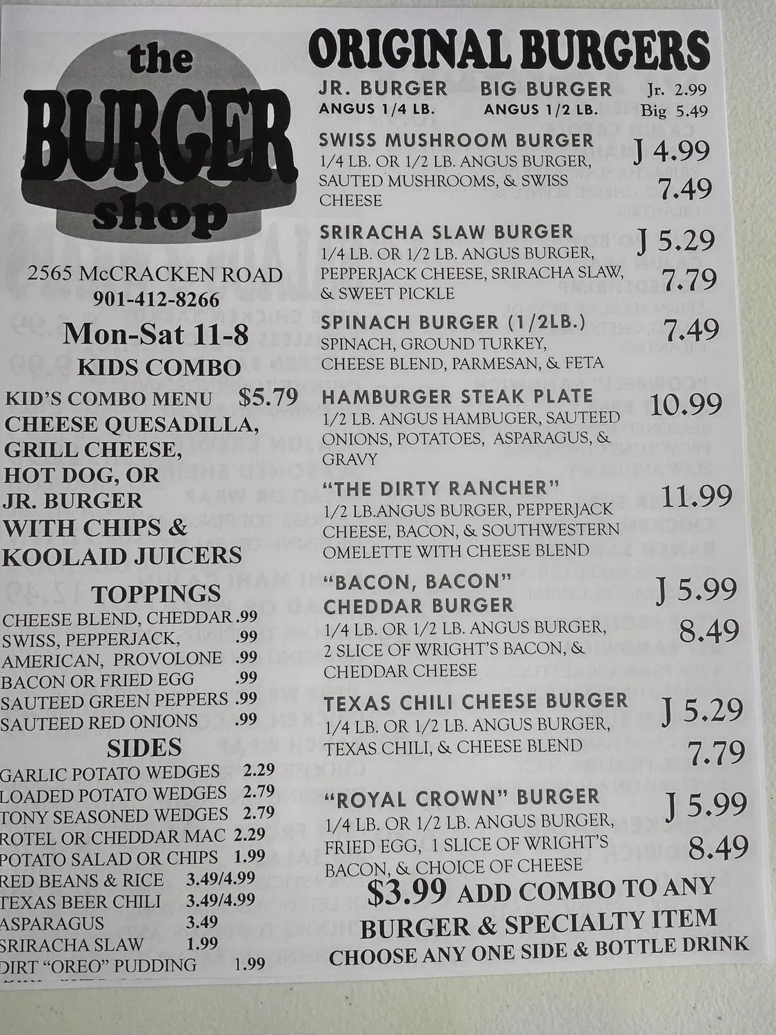 The Burger Shop Menu - Updated October 2025