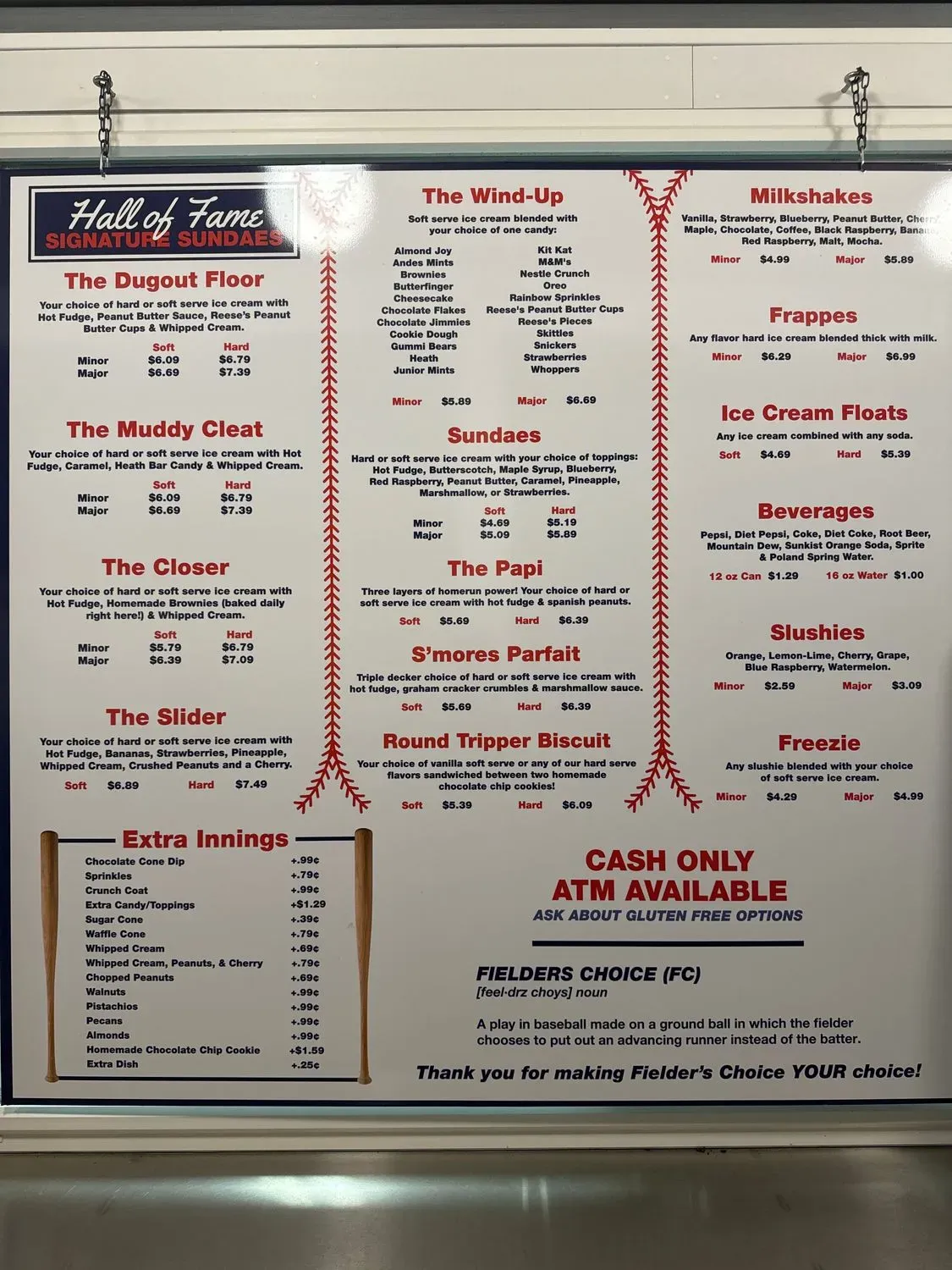 Fielder's Choice Ice Cream Menu - Updated October 2025