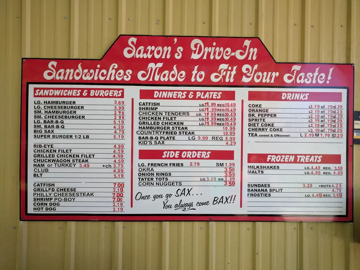 Saxon's Drive In Menu - Updated October 2025