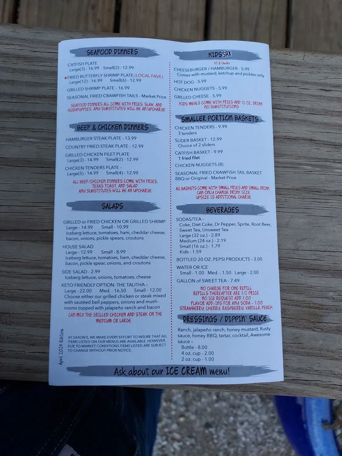 Saxon's Drive In Menu - Updated October 2025