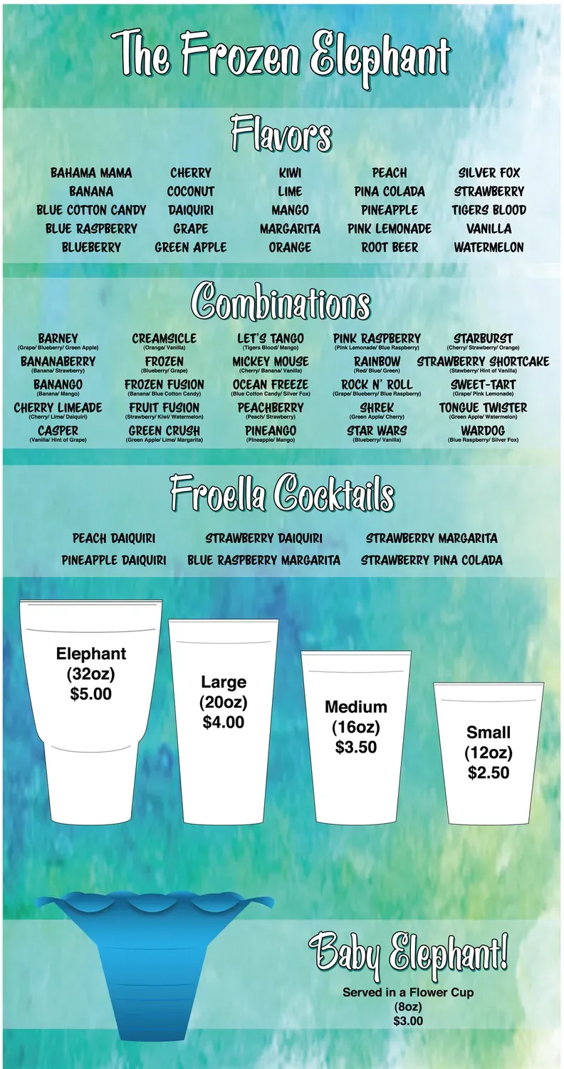 The Frozen Elephant Menu - Updated August 2025