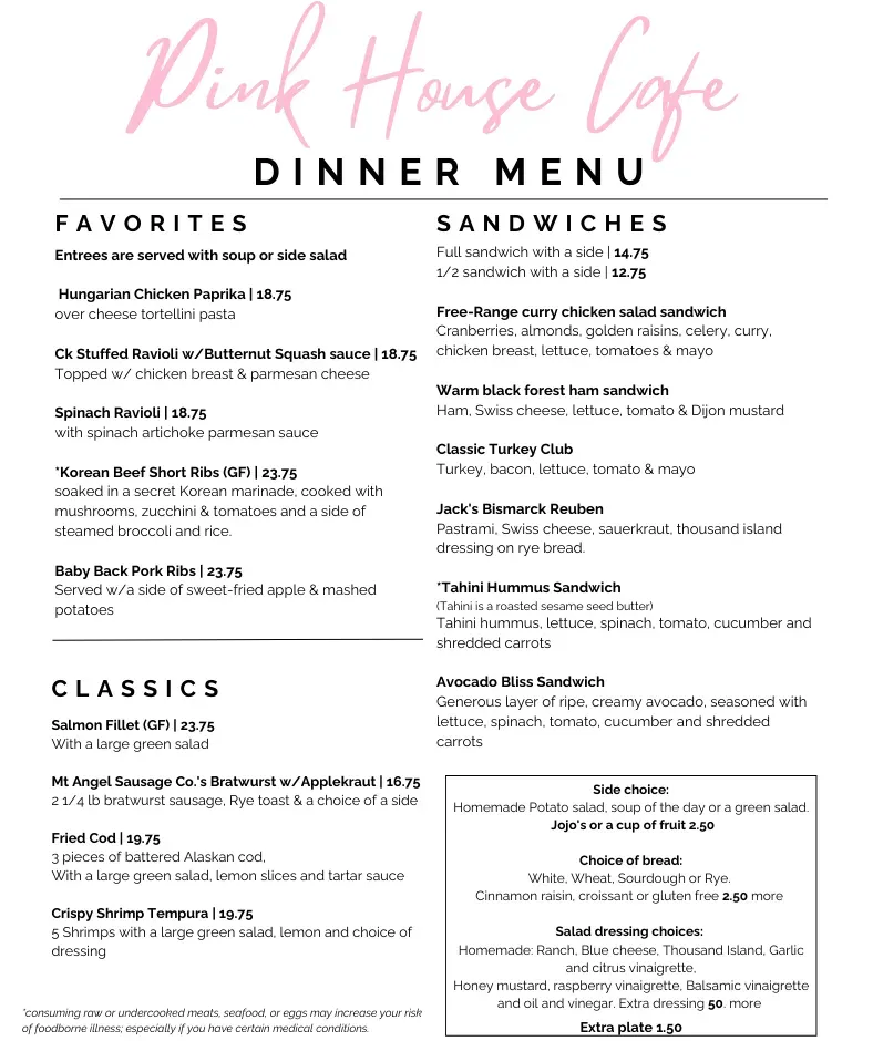 Pink House Cafe Menu - Updated October 2025