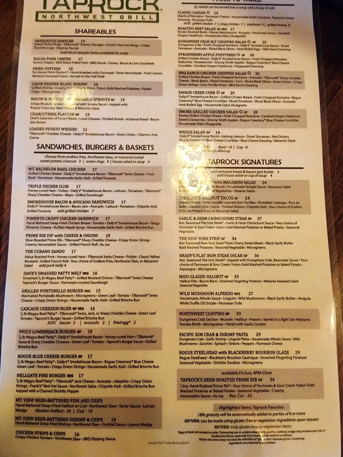 Cartwright's Taprock Northwest Grill Menu - Updated October 2025