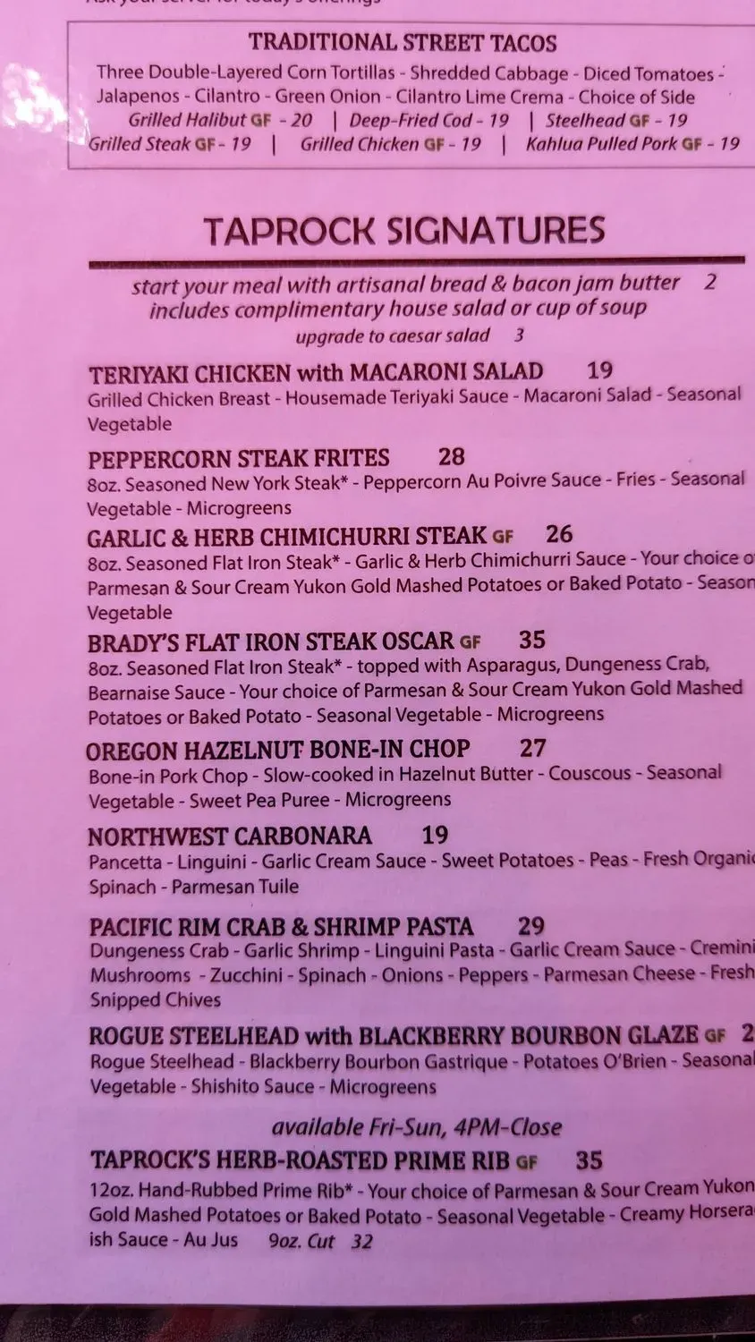 Cartwright's Taprock Northwest Grill Menu - Updated October 2025