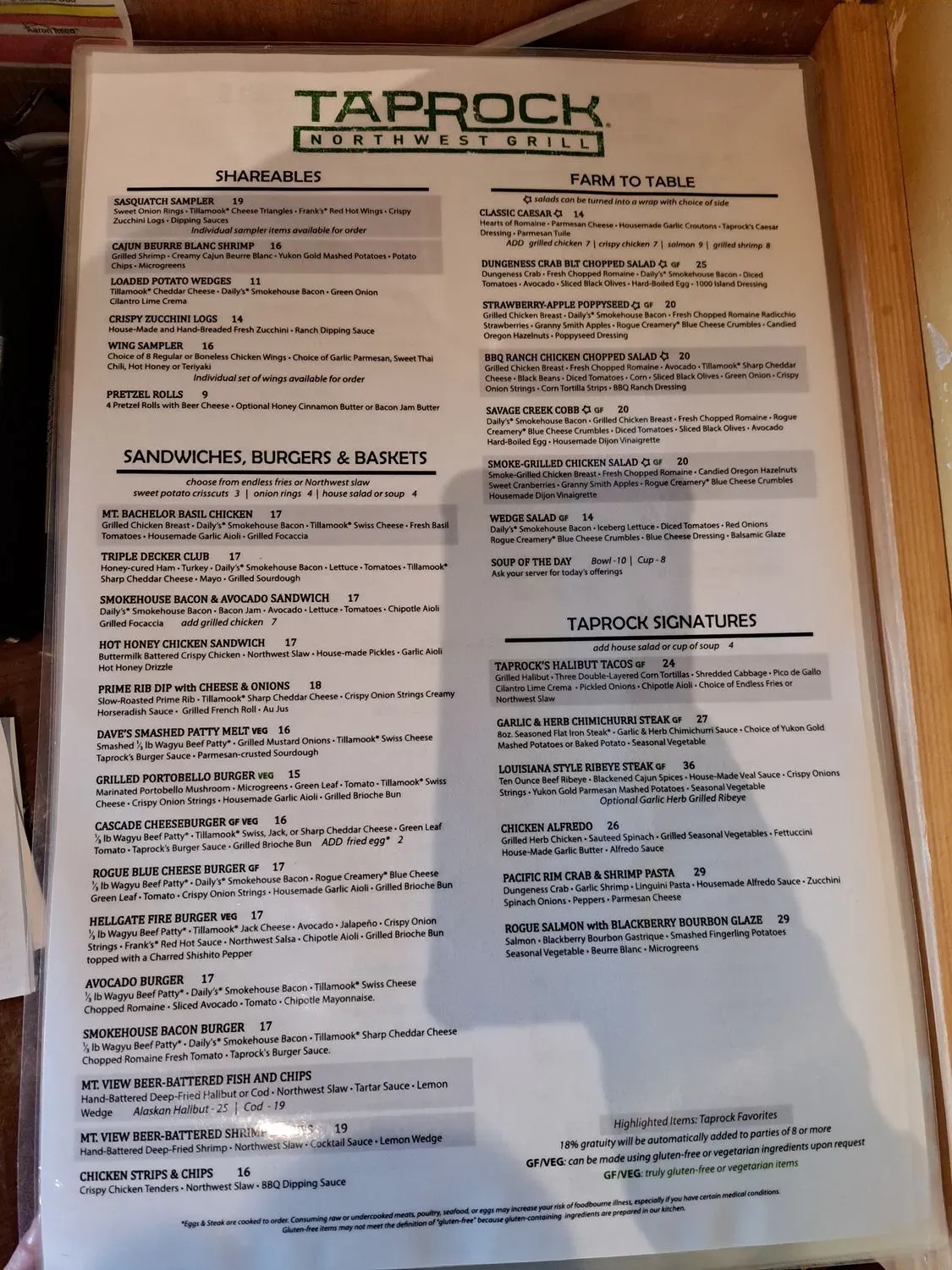 Cartwright's Taprock Northwest Grill Menu - Updated October 2025