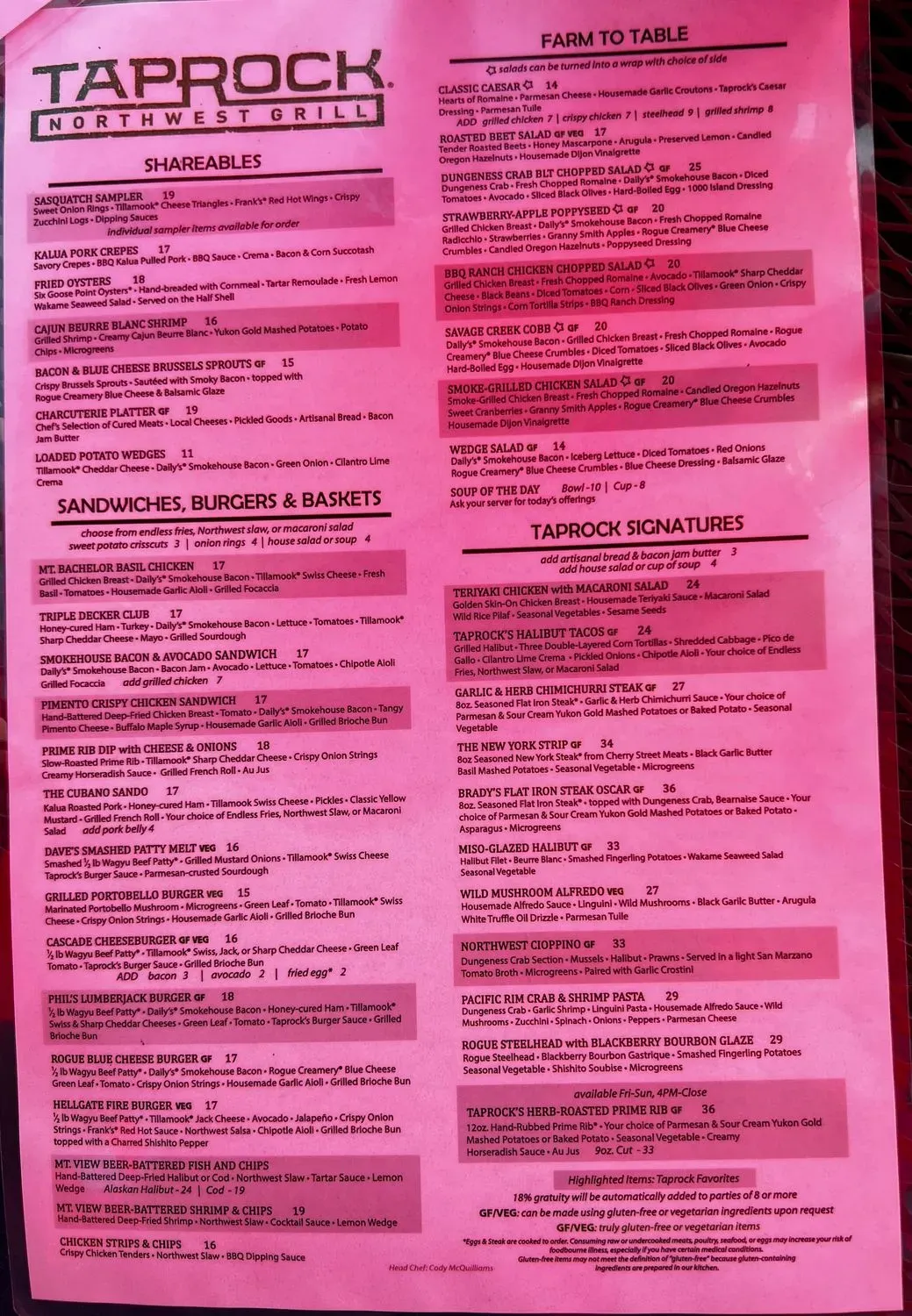 Cartwright's Taprock Northwest Grill Menu - Updated October 2025