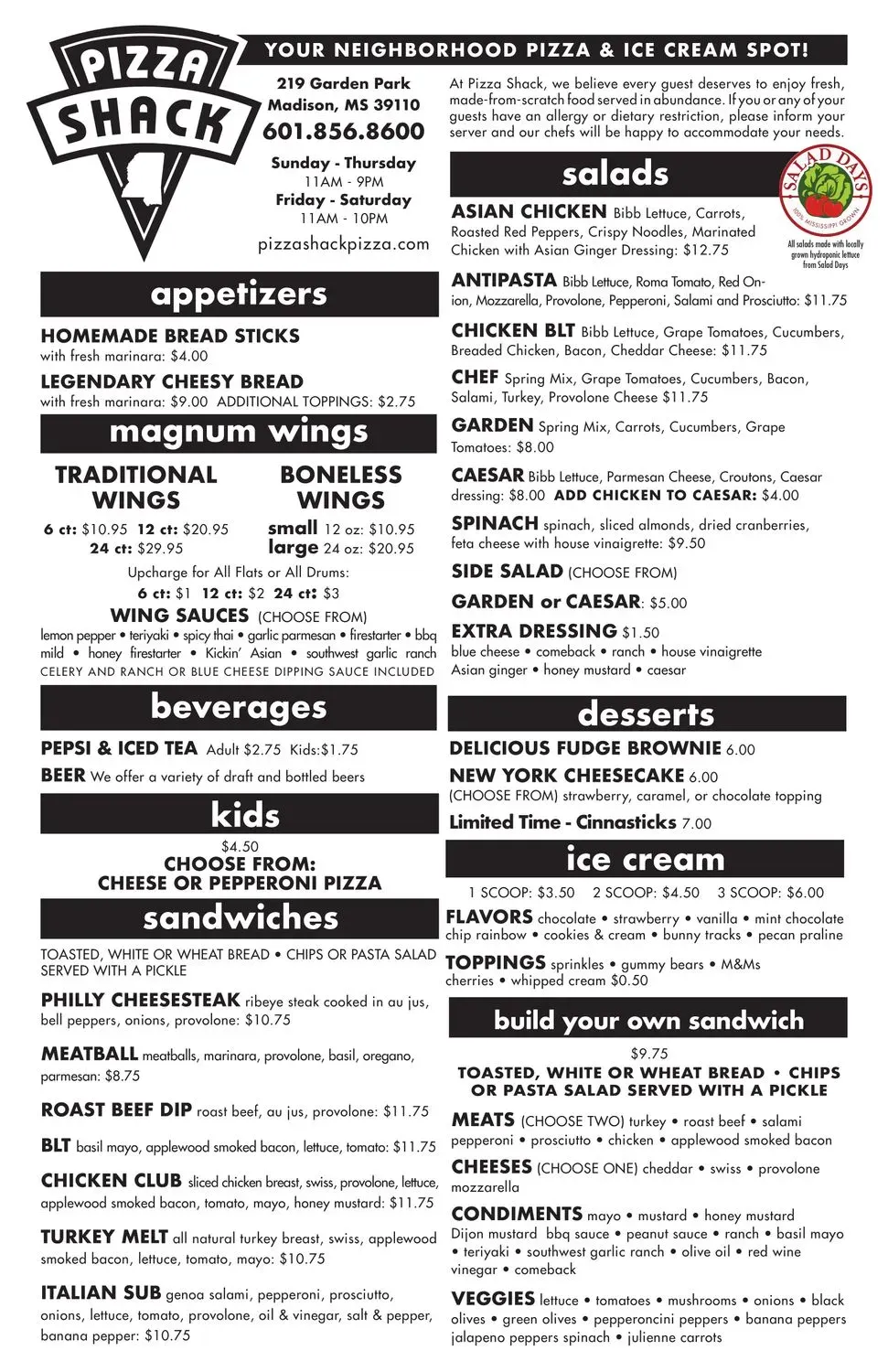 Pizza Shack Menu - Updated October 2025
