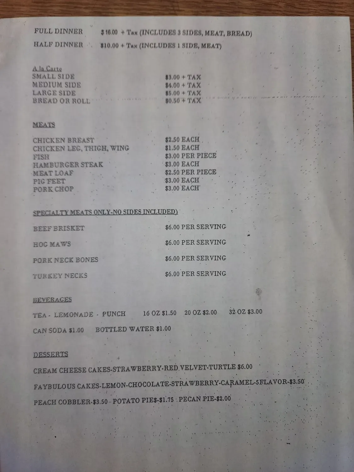 Faye's Kitchen Menu - Updated October 2025