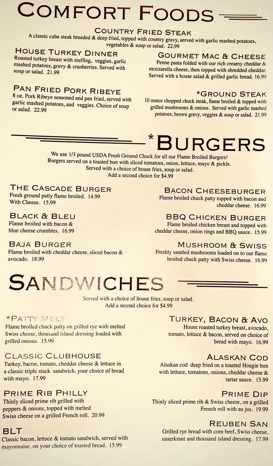 Cascade Grill Menu - Updated October 2025