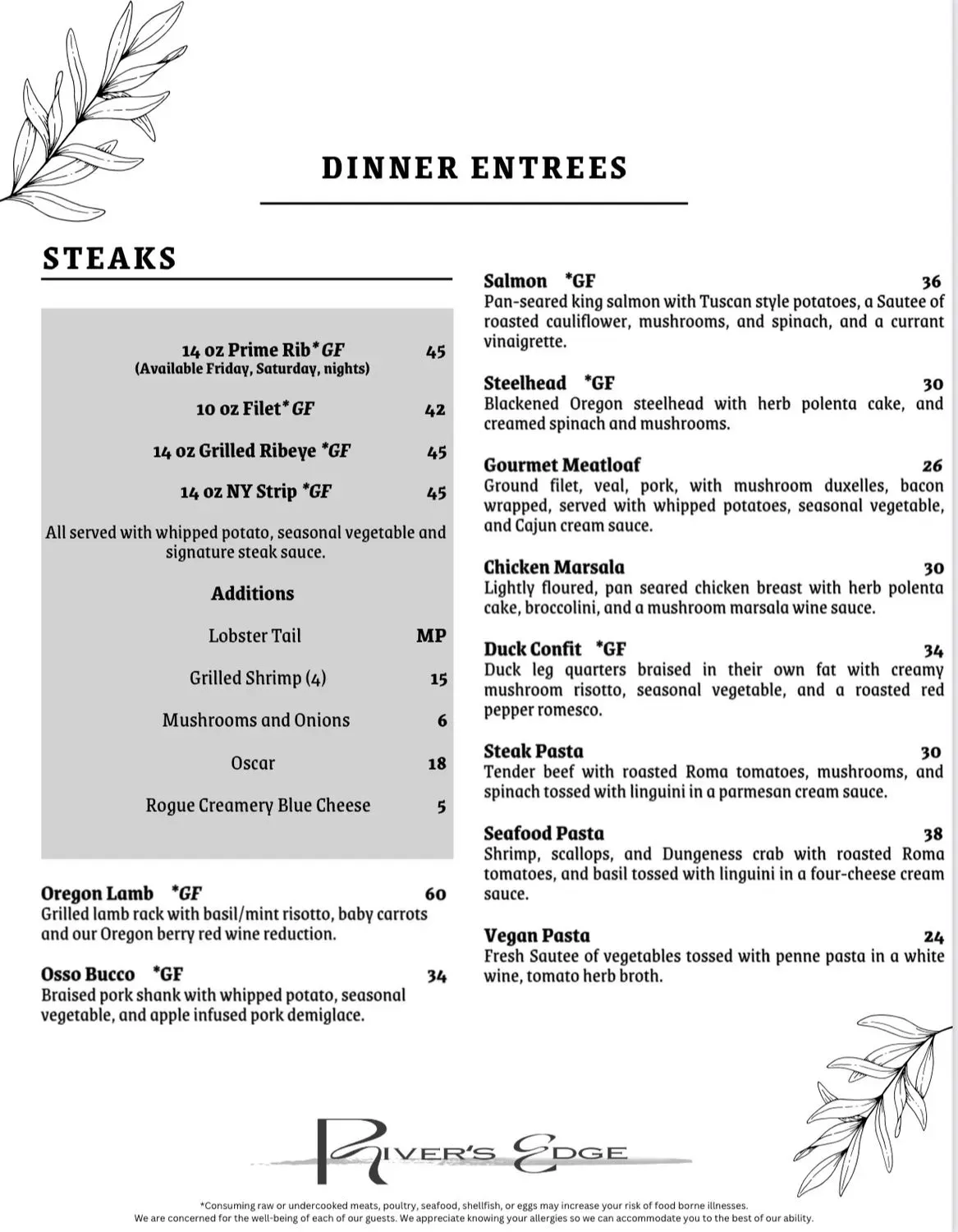 River's Edge Restaurant Menu - Updated October 2025