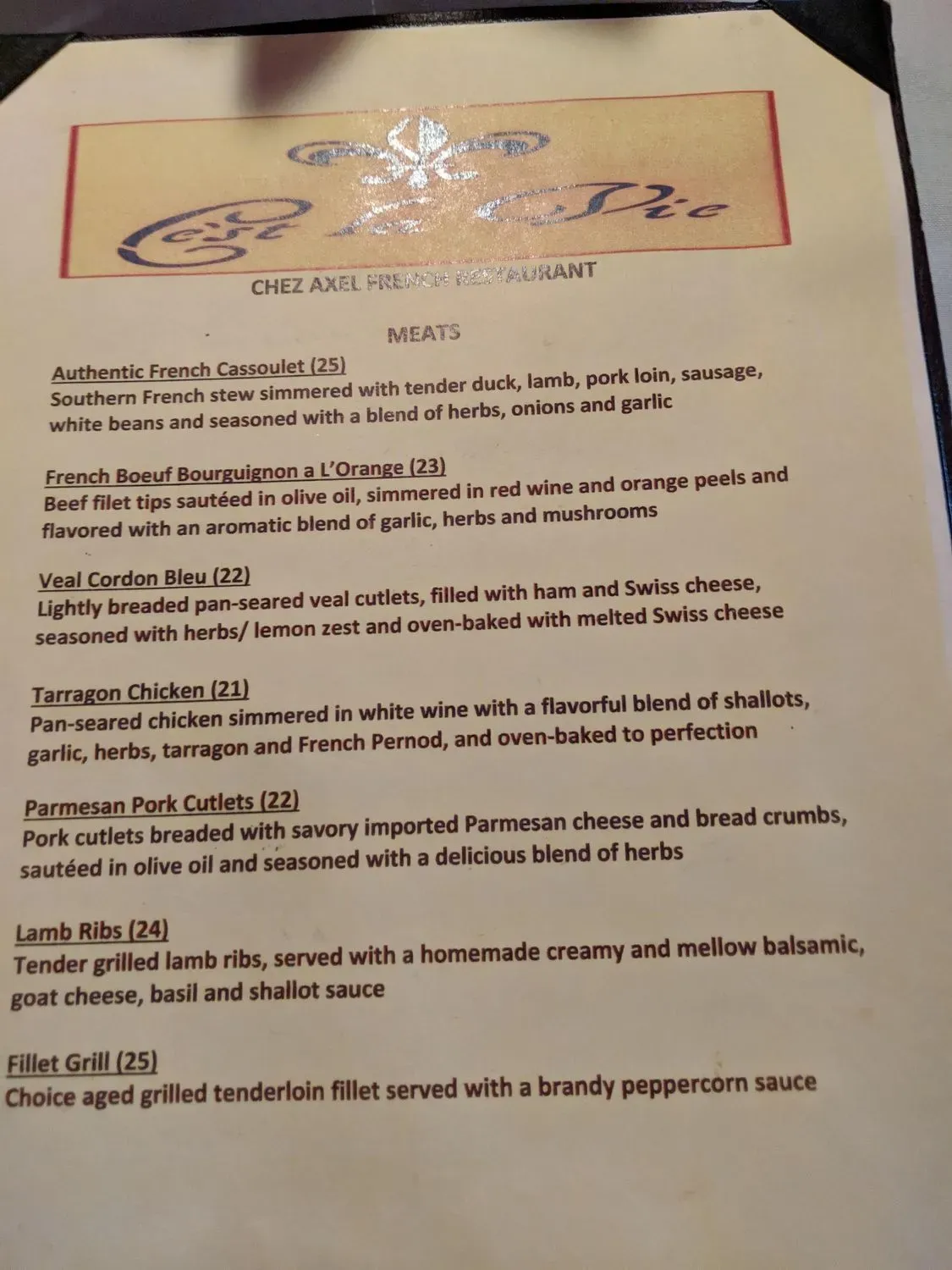 Chez Axel French Restaurant Menu - Updated October 2025