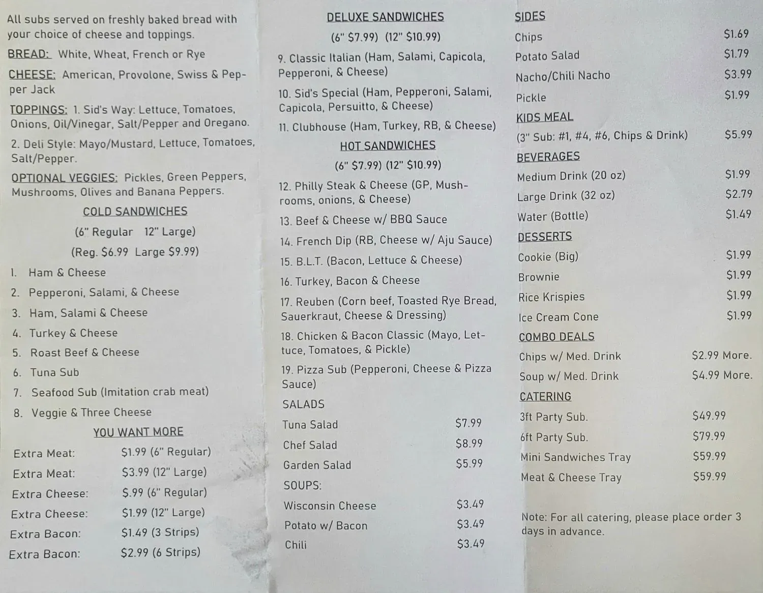 Sid's Deli & Subs Menu - Updated October 2025