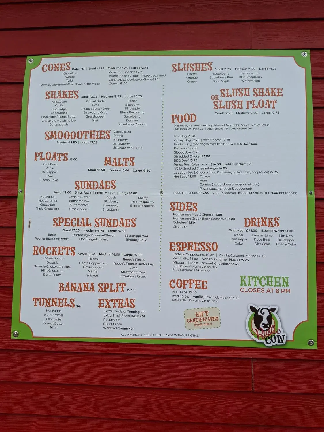 Rustic Cow Ice Cream Co. Menu - Updated October 2025