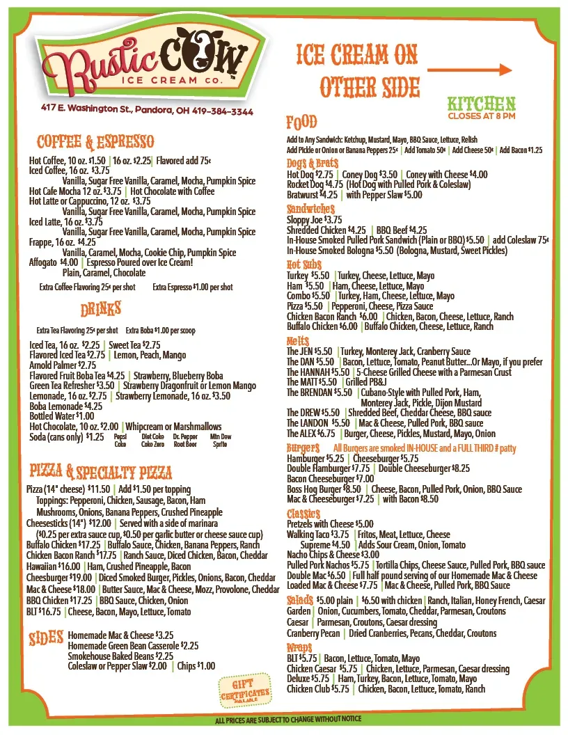 Rustic Cow Ice Cream Co. Menu - Updated October 2025
