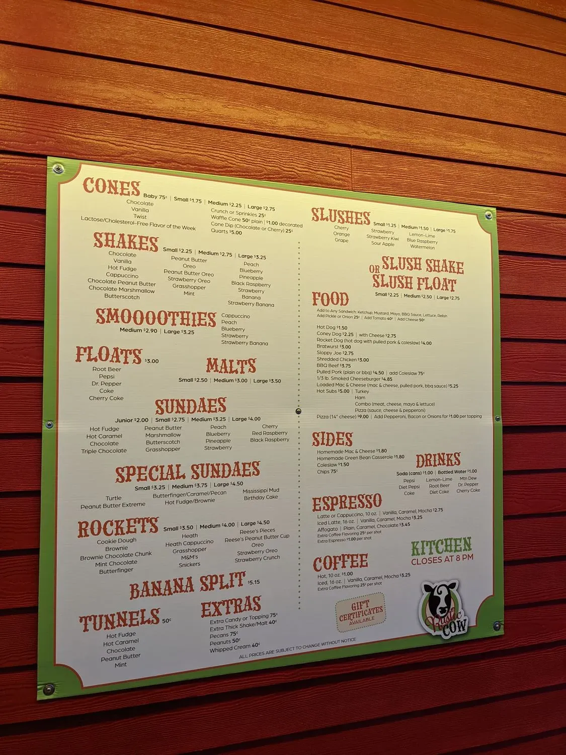 Rustic Cow Ice Cream Co. Menu - Updated October 2025