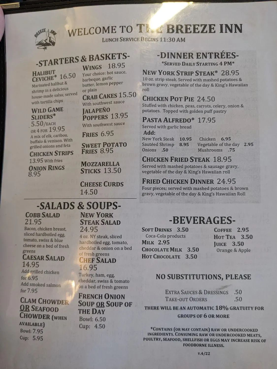 Breeze Inn Restaurant & Lounge Menu - Updated October 2025