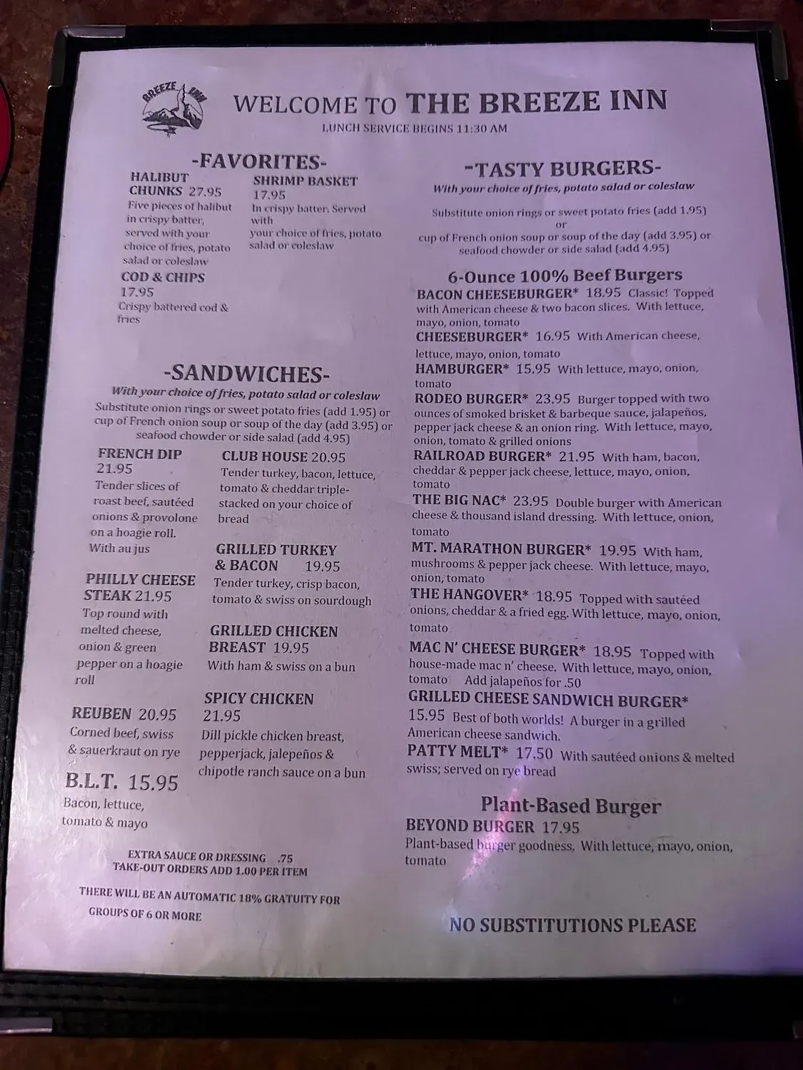 Breeze Inn Restaurant & Lounge Menu - Updated October 2025