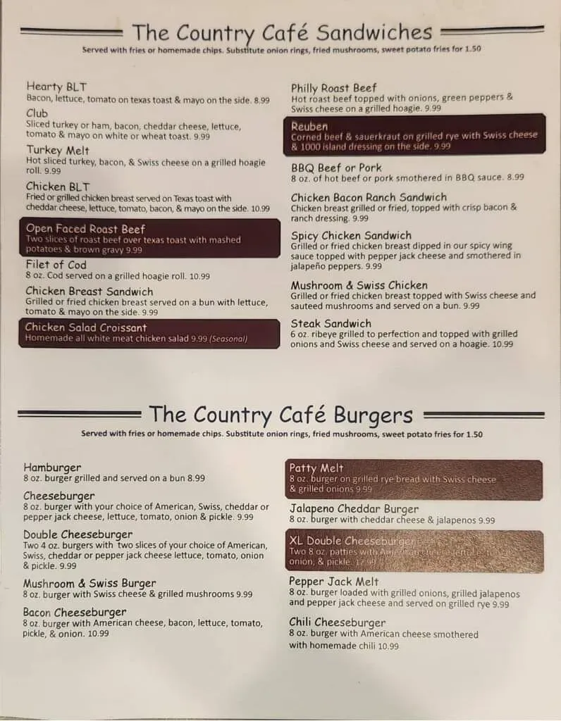 The Country Cafe Menu - Updated October 2025