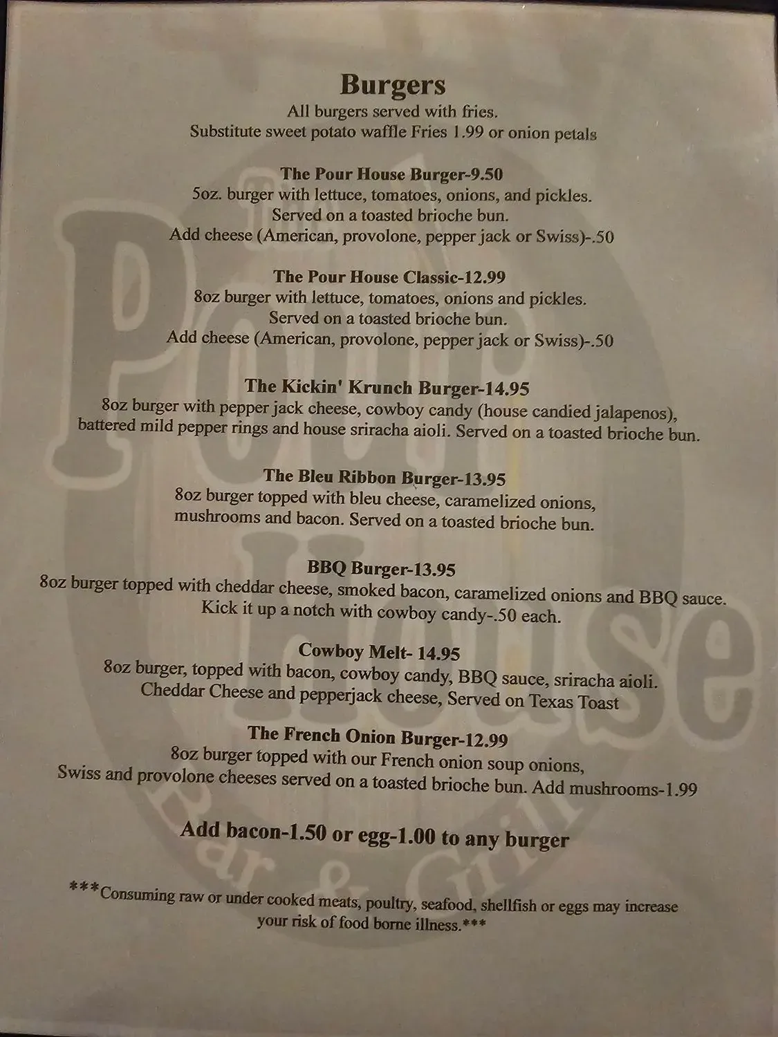 The Pour House Bar and Grill Menu - Updated October 2025