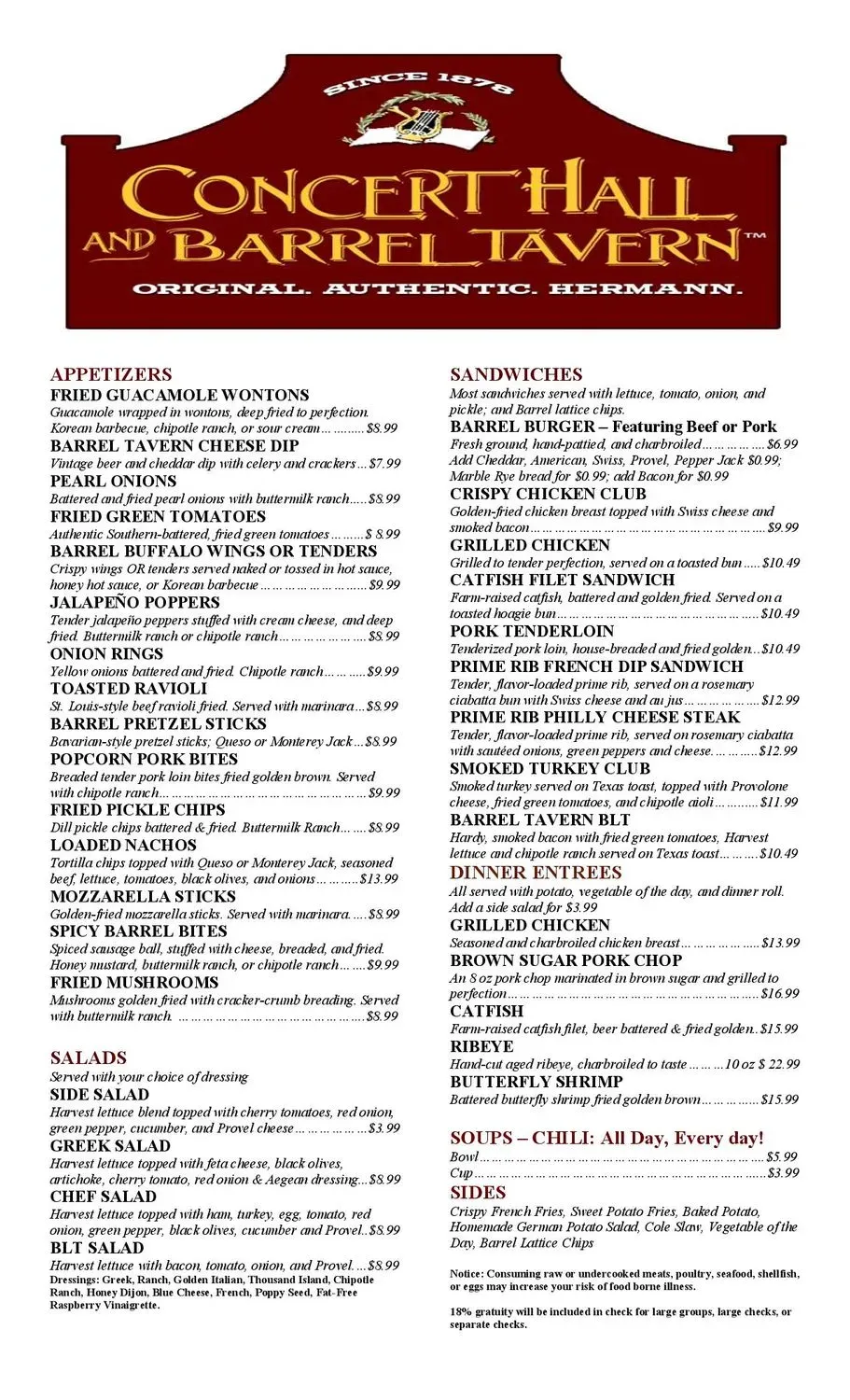 Concert Hall and Barrel Tavern Menu - Updated October 2025