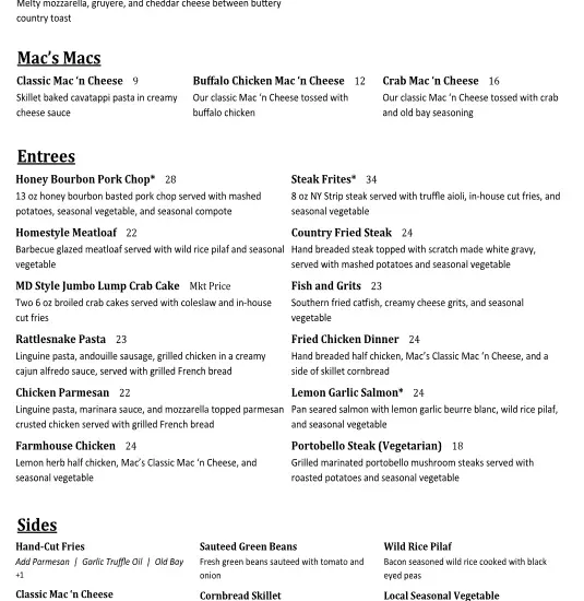 Mac's Tap & Table Menu | Leonardtown, MD | Checkle