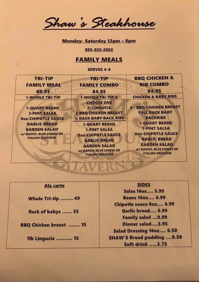 Shaw's Steakhouse Menu - Updated October 2025