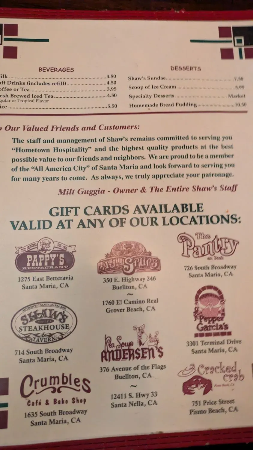Shaw's Steakhouse Menu - Updated October 2025