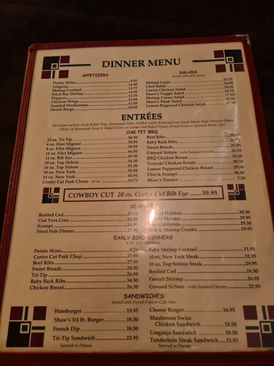 Shaw's Steakhouse Menu - Updated October 2025