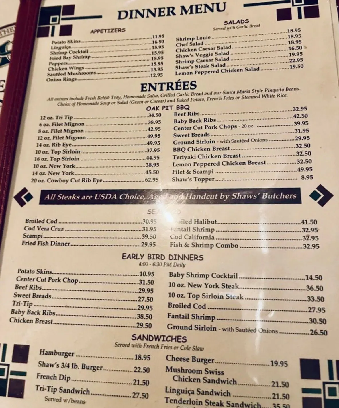 Shaw's Steakhouse Menu - Updated October 2025