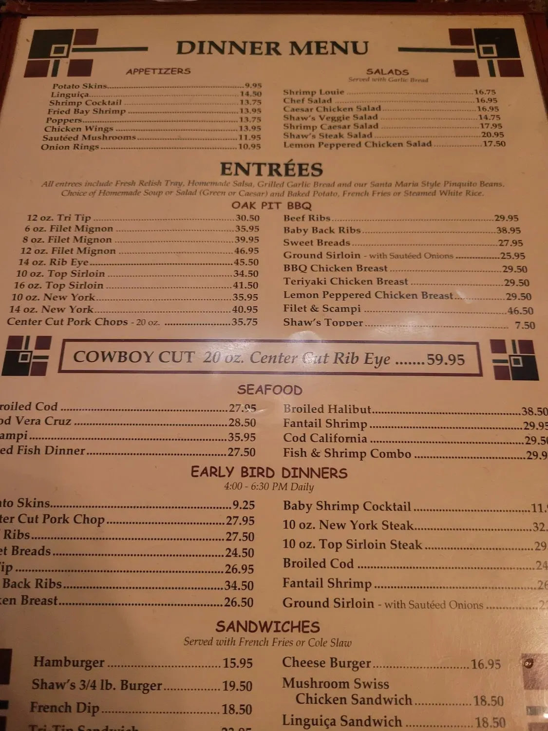 Shaw's Steakhouse Menu - Updated October 2025