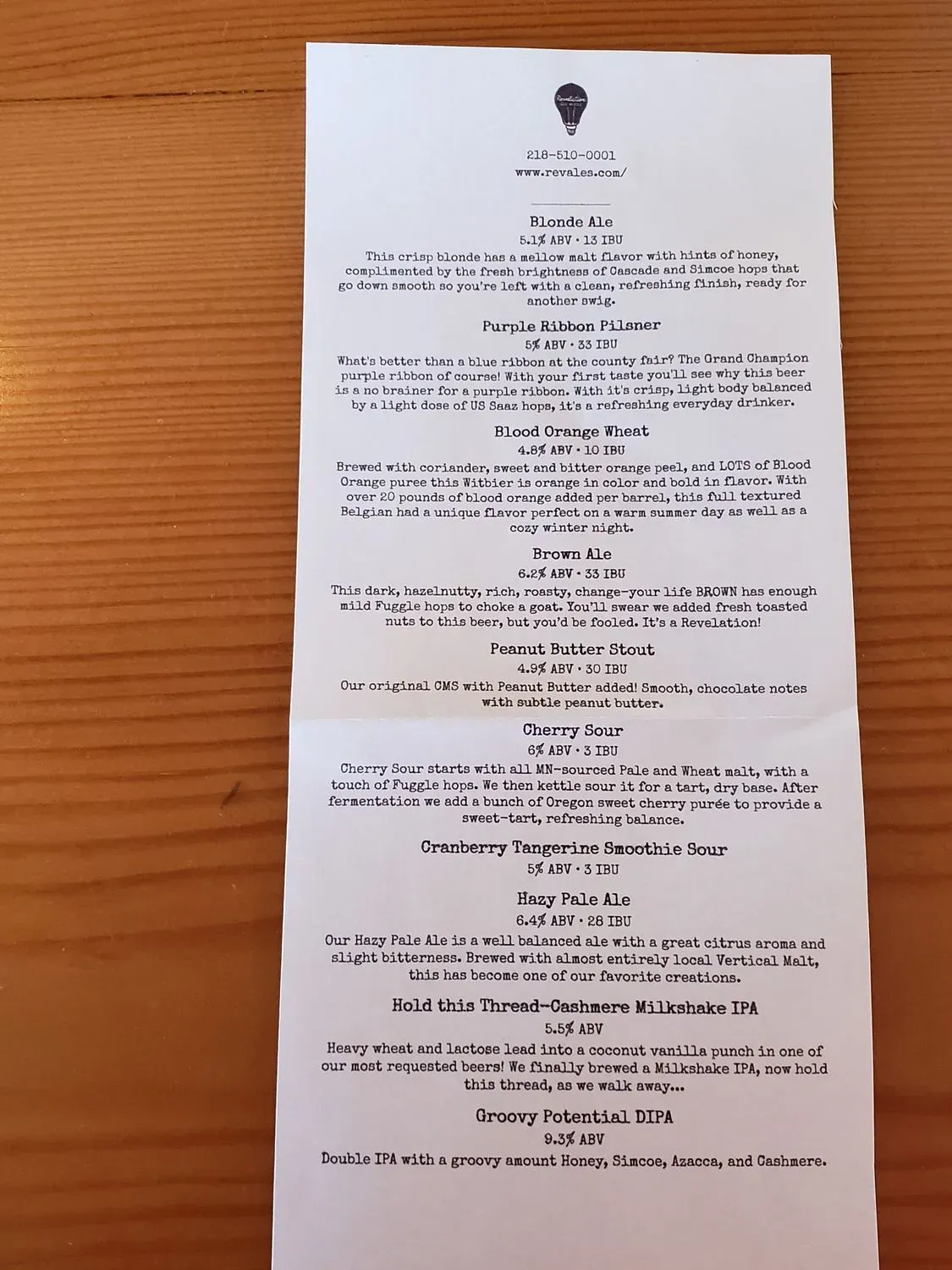 Revelation Ale Works Menu - Updated October 2025