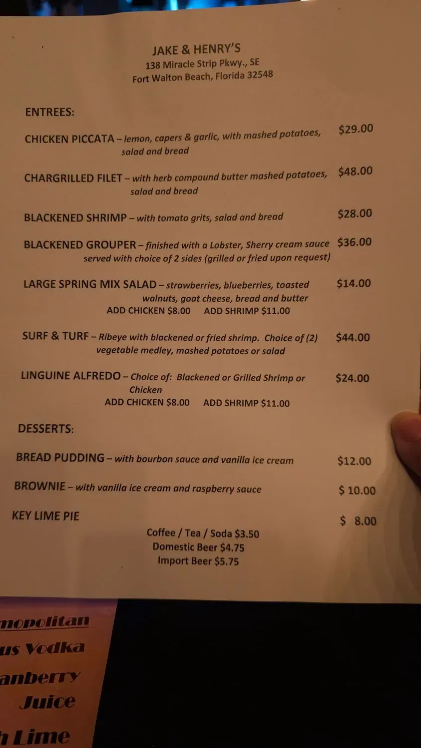 Jake and Henry's Menu - Updated October 2025