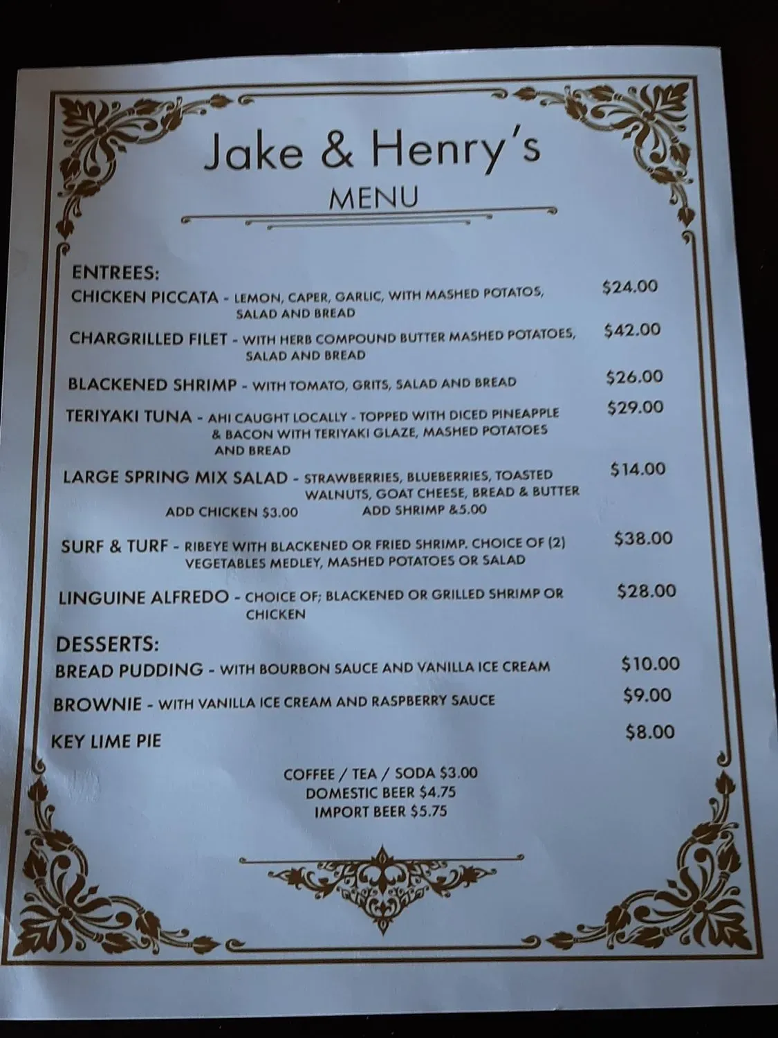 Jake and Henry's Menu - Updated October 2025