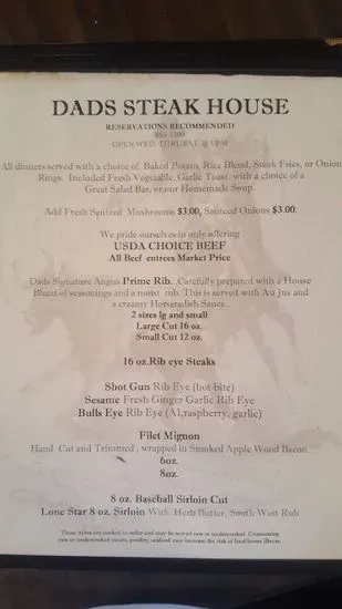 Dad's Bar & Steakhouse Menu | Thayne, WY | Checkle