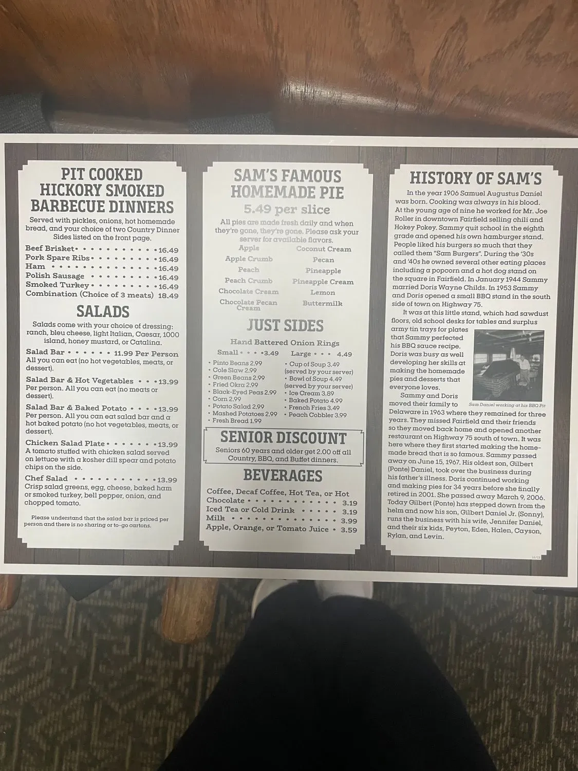 Sam's Original Restaurant Menu - Updated October 2025