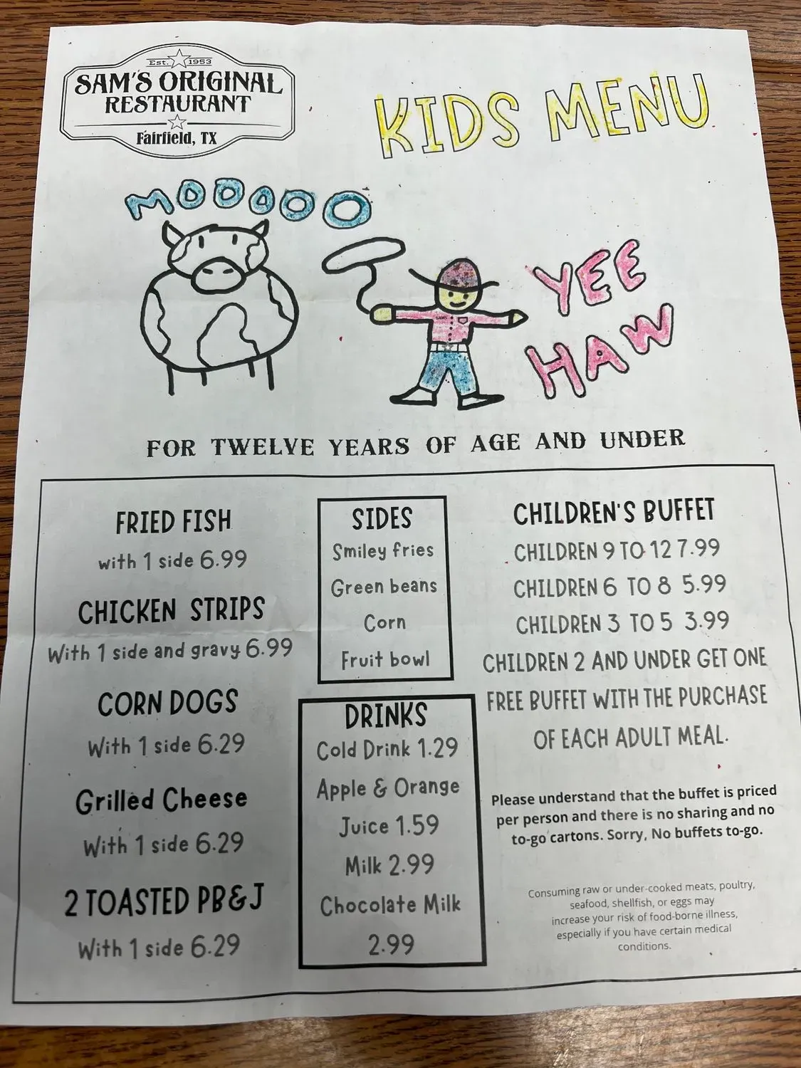 Sam's Original Restaurant Menu - Updated October 2025
