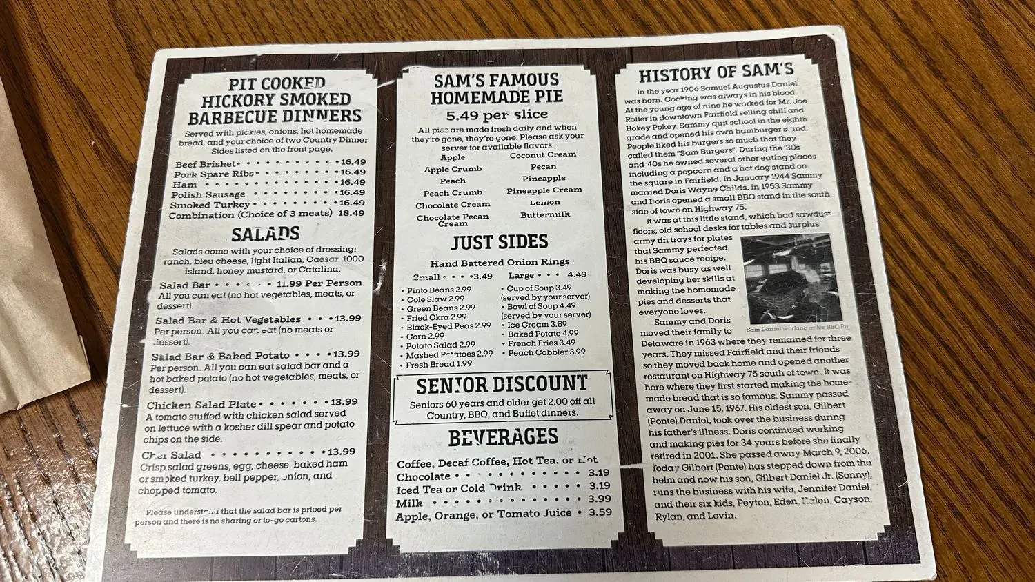 Sam's Original Restaurant Menu - Updated October 2025