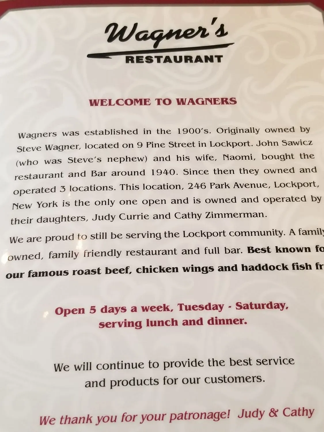 Wagners Restaurant Menu - Updated September 2025