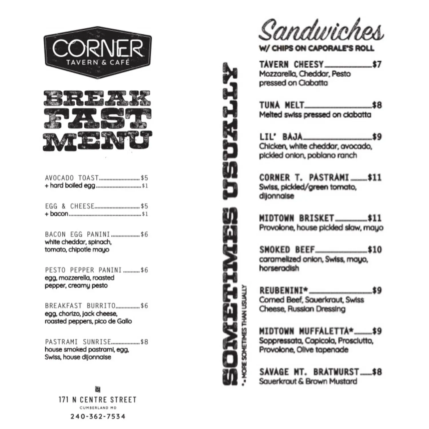 Corner Tavern and Cafe Menu - Updated October 2025