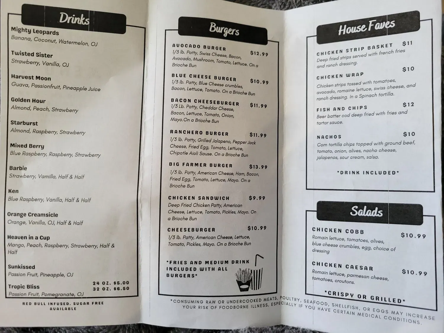 Fred's Burger Menu - Updated October 2025