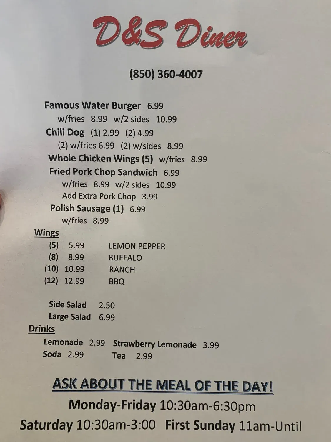 D&S Diner Menu - Updated October 2025
