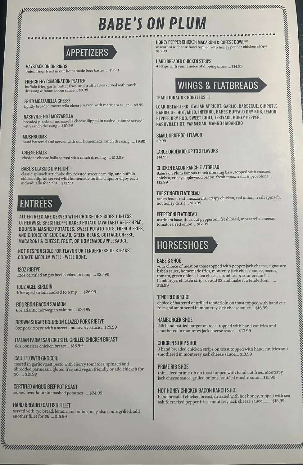 Babe's Menu - Updated October 2025
