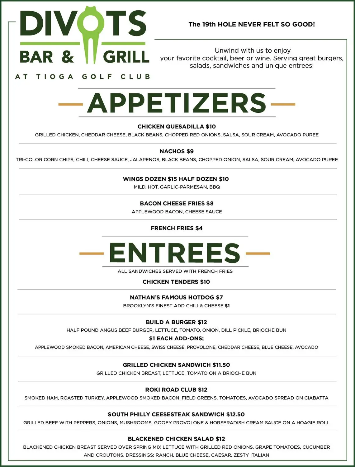 Divots Bar & Grill Menu - Updated October 2025