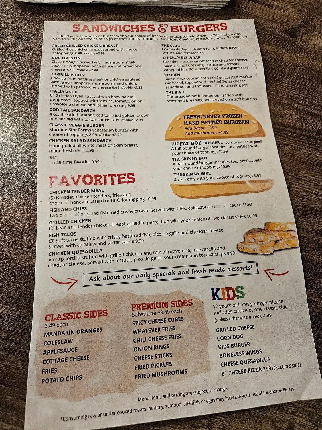 73 Grill Menu - Updated October 2025
