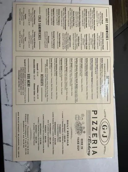 G&J Pizzeria & Bakery Menu | Blandon, PA | Checkle