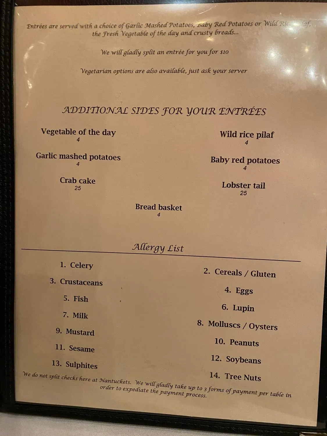 Nantuckets Restaurant Menu - Updated October 2025