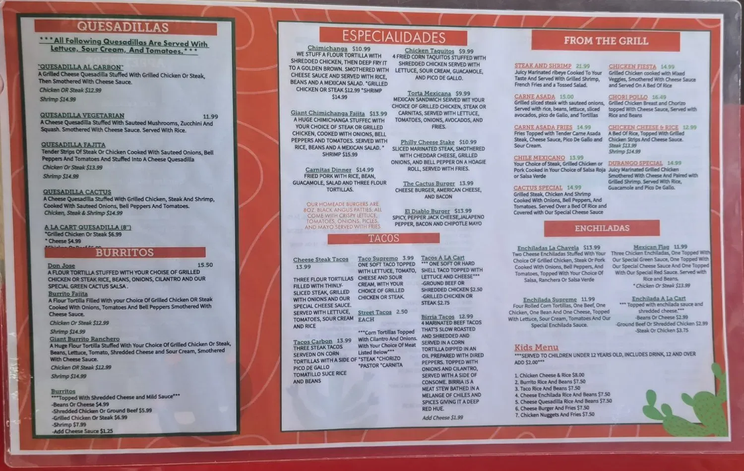 Green Cactus Menu - Updated October 2025