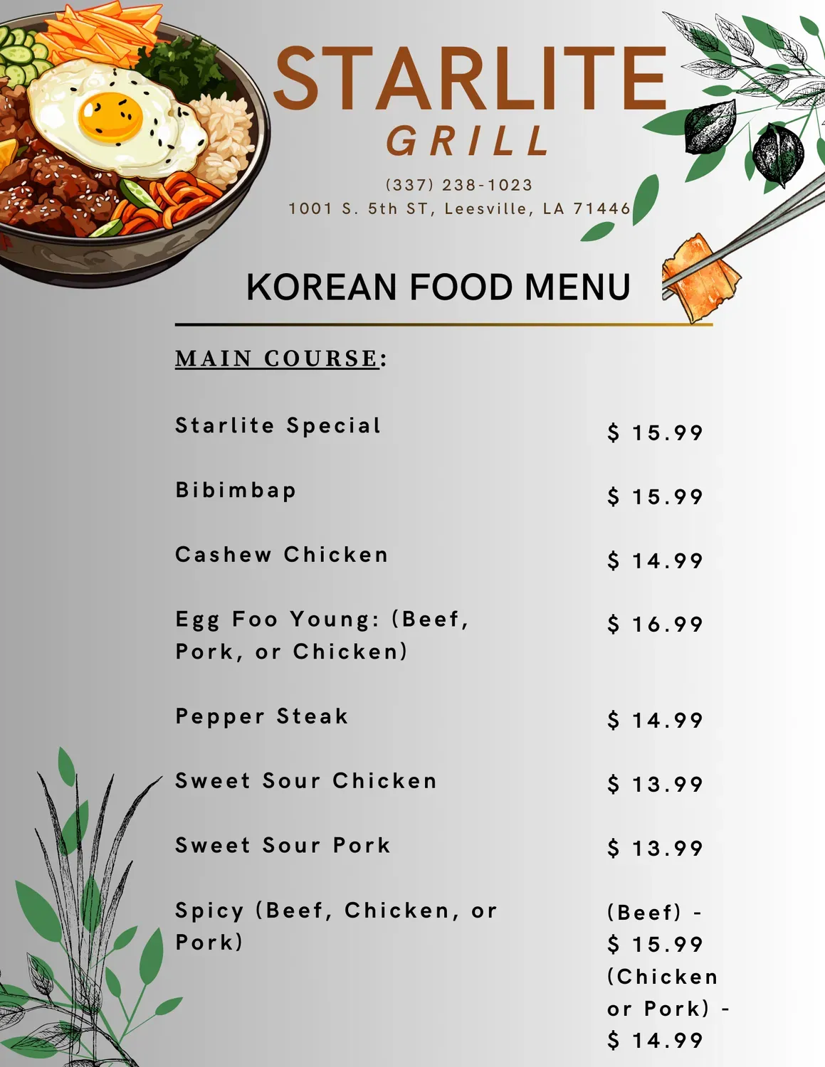 Starlite Grill Menu - Updated October 2025