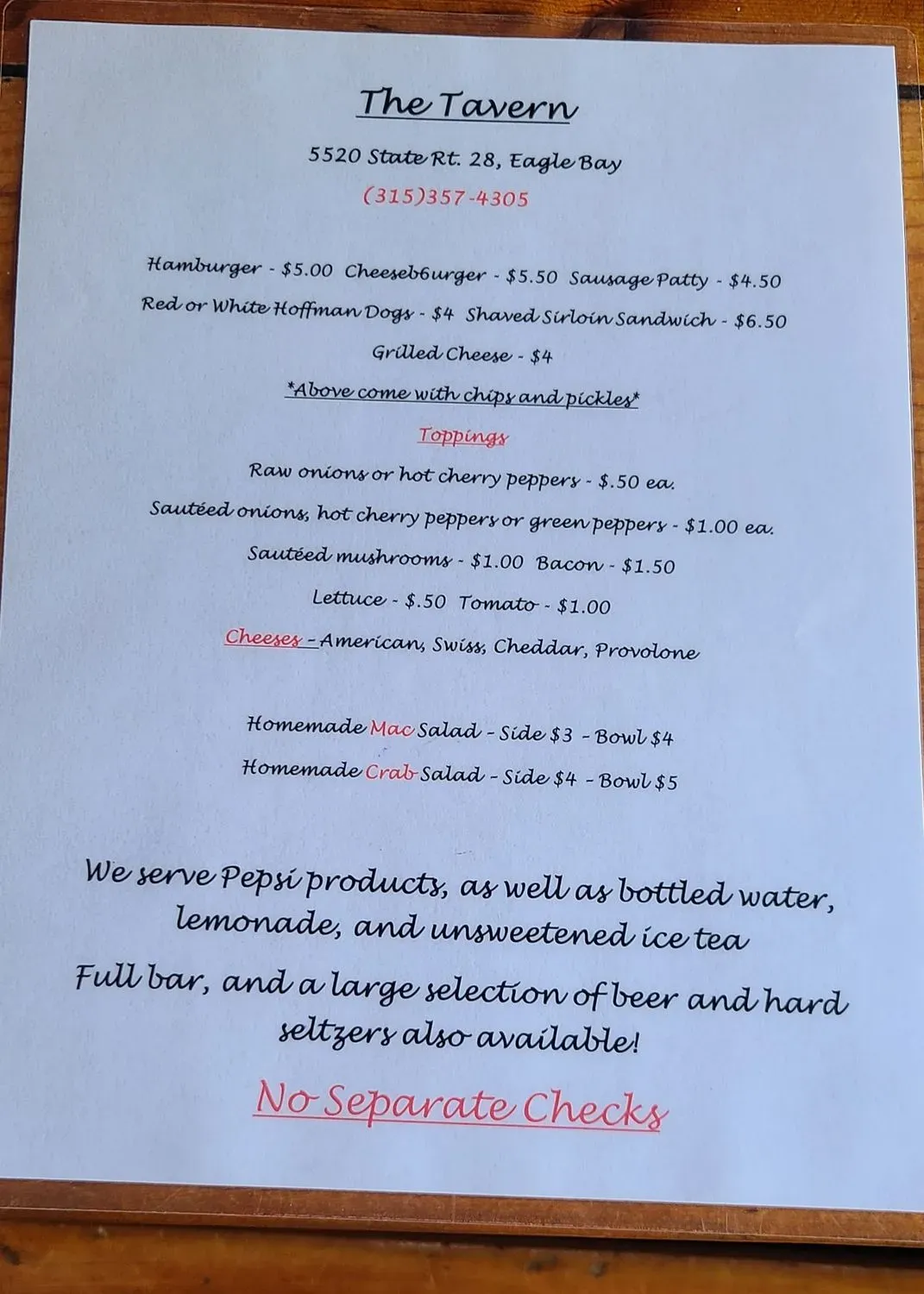 The Tavern Menu - Updated October 2025