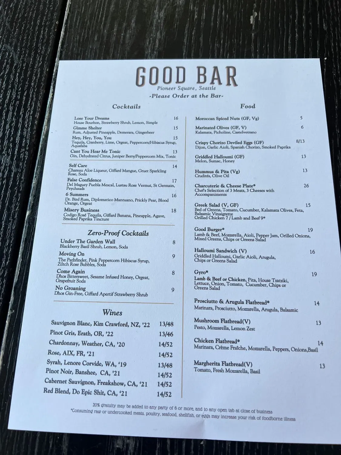Good Bar Menu - Updated October 2025